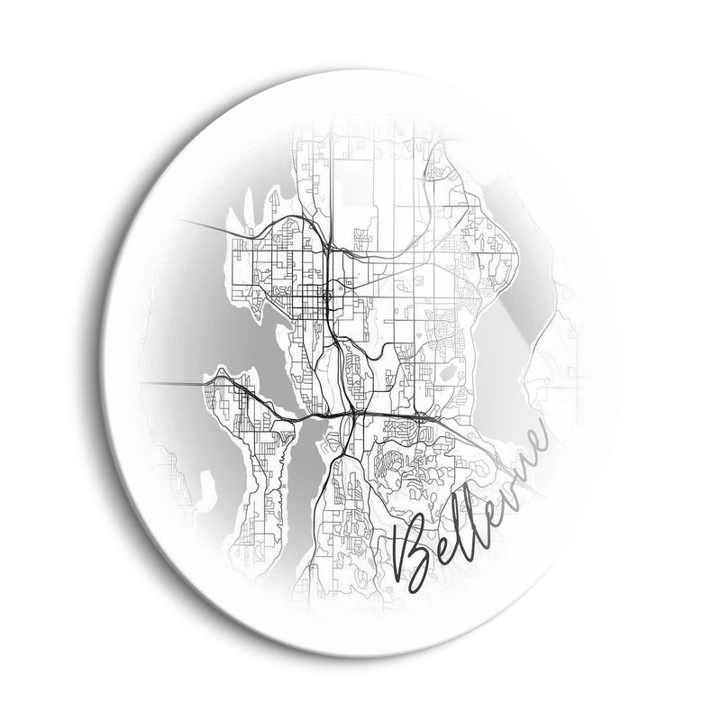 Minimalistic B&W Washington Bellevue Circle Map | 24x24 Circle | Glass Plaque