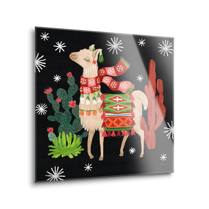 Lovely Llamas IV Christmas Black | 8x8 | Glass Plaque
