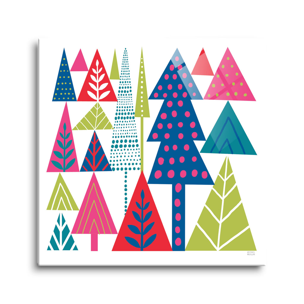 Geometric Holiday Trees II Bright | 8x8 | Glass Plaque