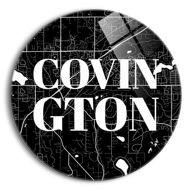 Minimalistic B&W Washington Covington Map | 24x24 Circle | Glass Plaque