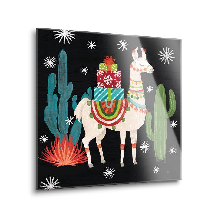 Lovely Llamas II Christmas Black | 8x8 | Glass Plaque