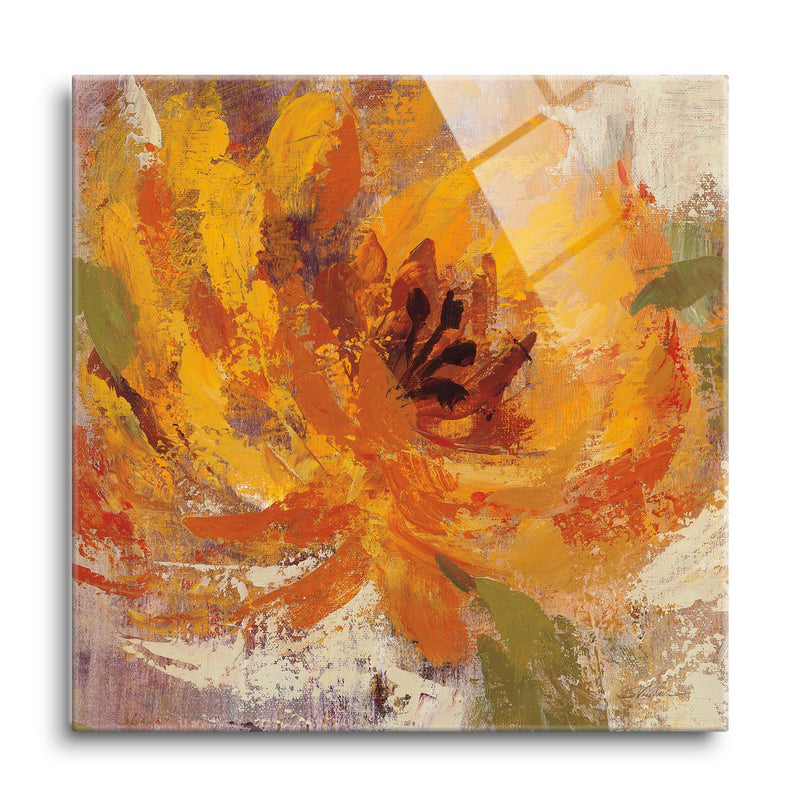 Fiery Dahlias I Golden Flower | 24x24 | Glass Plaque