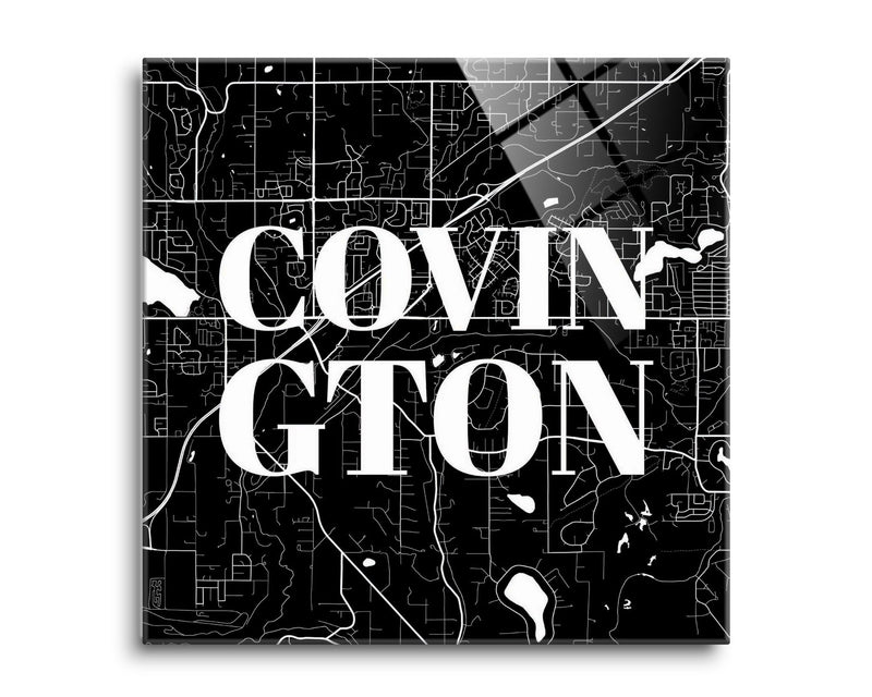 Minimalistic B&W Washington Covington Map | 8x8 | Glass Plaque