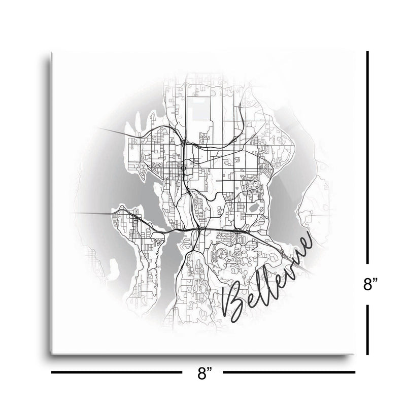Minimalistic B&W Washington Bellevue Circle Map | 8x8 | Glass Plaque