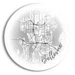 Minimalistic B&W Washington Bellevue Circle Map | 24x24 Circle | Glass Plaque