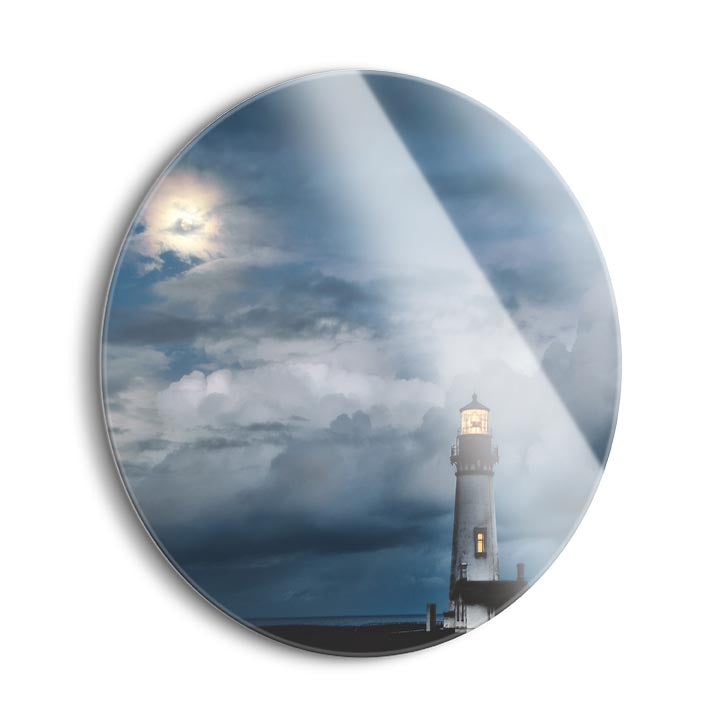 Lighthouse in Moonlight  | 24x24 Circle | Glass Plaque