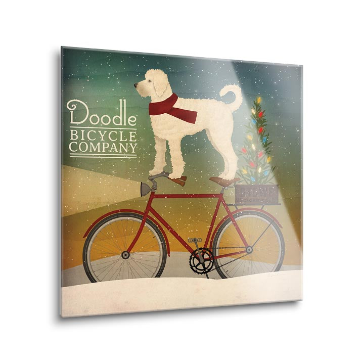 White Doodle on Bike Christmas | 8x8 | Glass Plaque