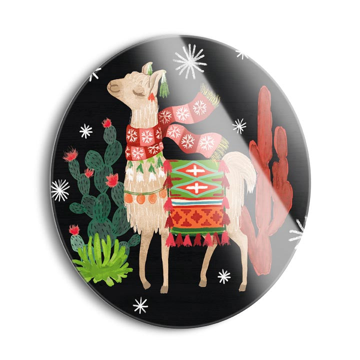 Lovely Llamas IV Christmas Black  | 24x24 Circle | Glass Plaque
