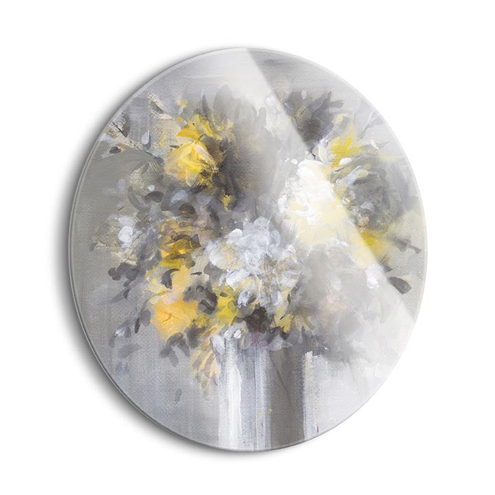 Weekend Bouquet Yellow Gray  | 24x24 Circle | Glass Plaque