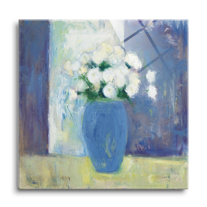 Ranunculi in Blue Vase White Flowers | 24x24 | Glass Plaque