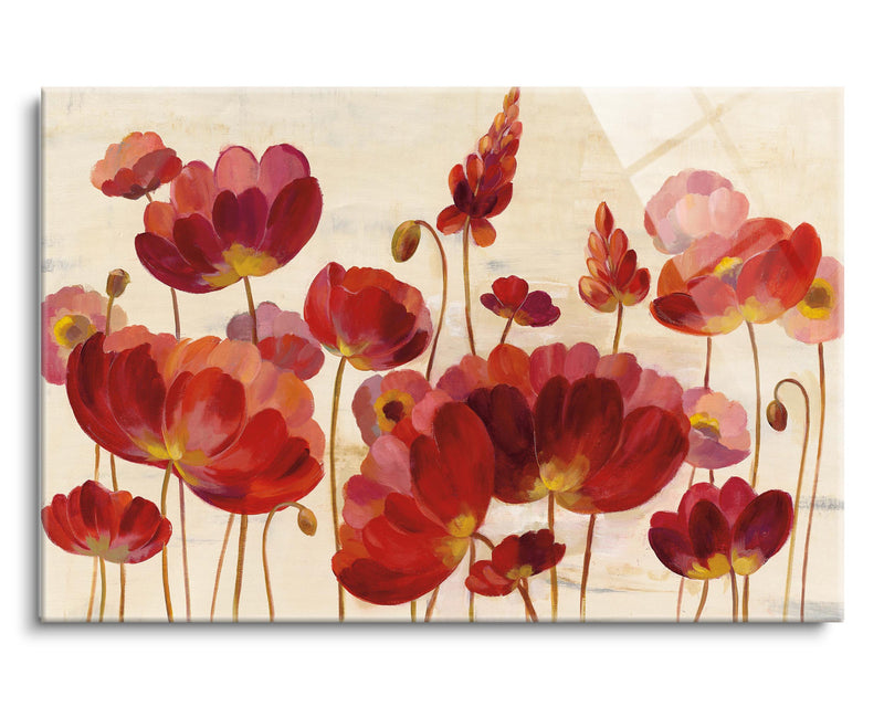 Red Flowers on Cream Crop | 24x36 | Glass Plaque