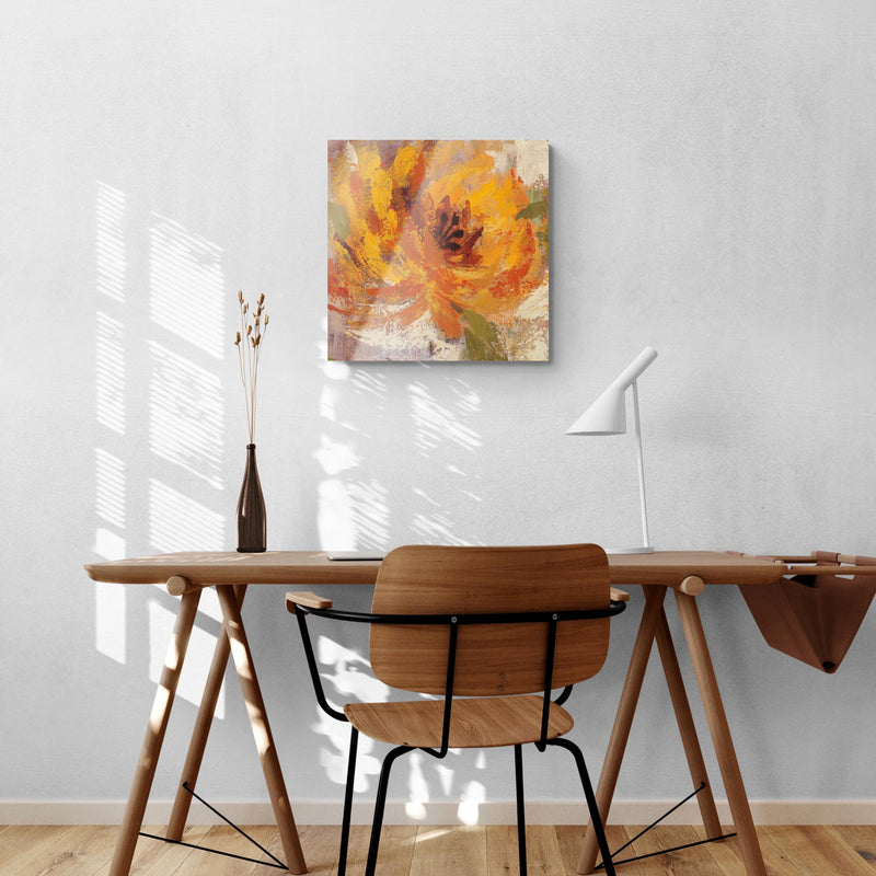 Fiery Dahlias I Golden Flower | 24x24 | Glass Plaque