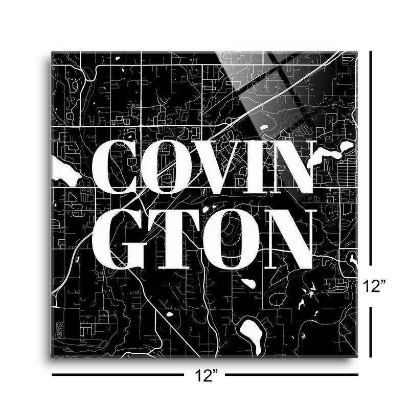 Minimalistic B&W Washington Covington Map | 12x12 | Glass Plaque